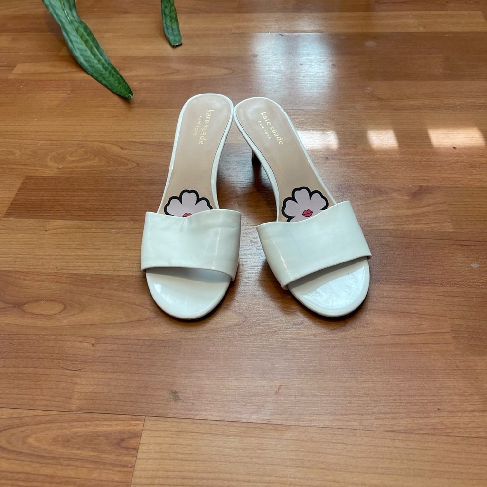 kate spade white patent leather slide mules with kitten heels
